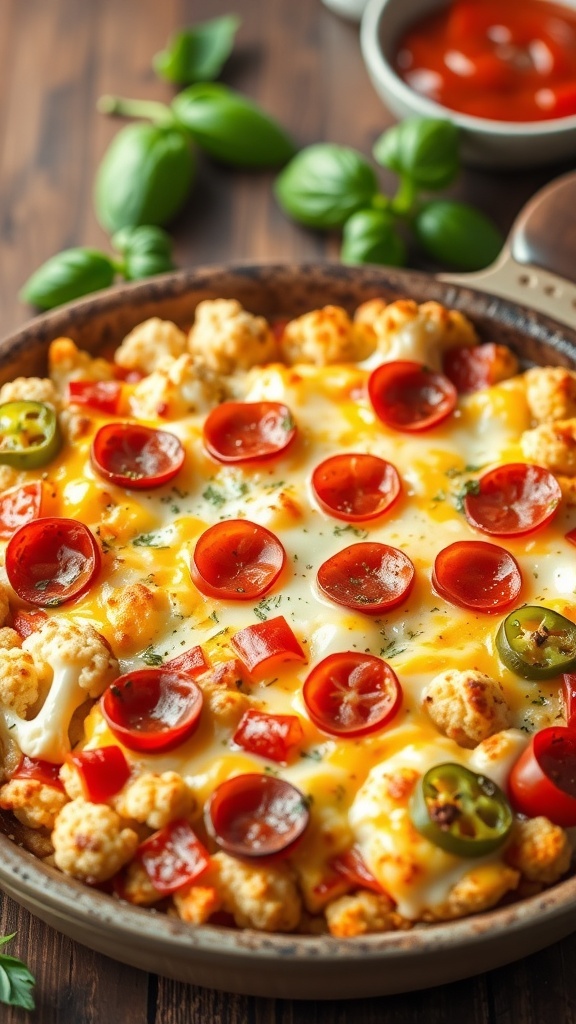 A golden cauliflower pizza casserole topped with melted cheese, pepperoni, and bell peppers in a rustic baking dish.